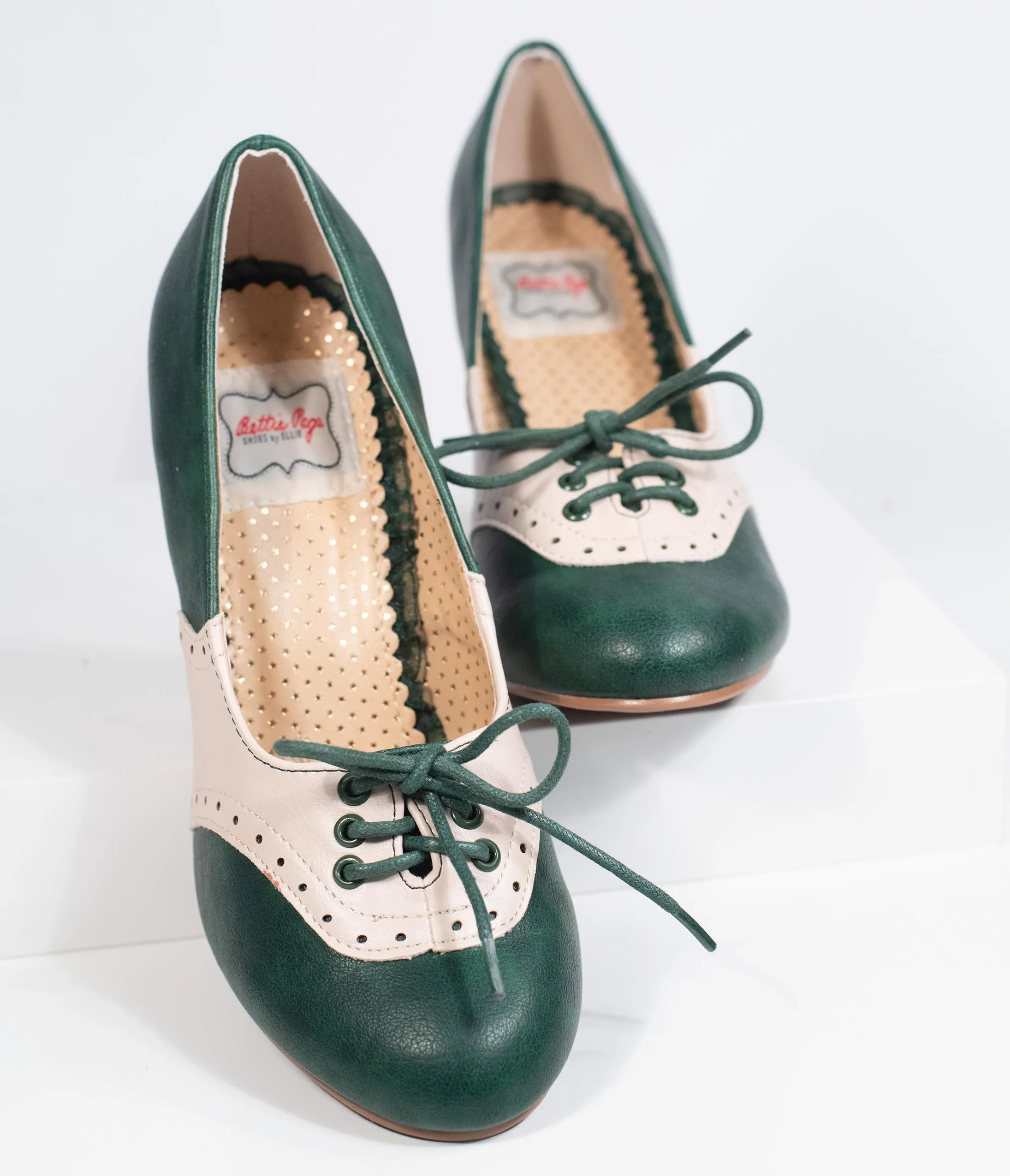 Bettie Page Green & Ivory Leatherette Carole Oxford Saddle Heels