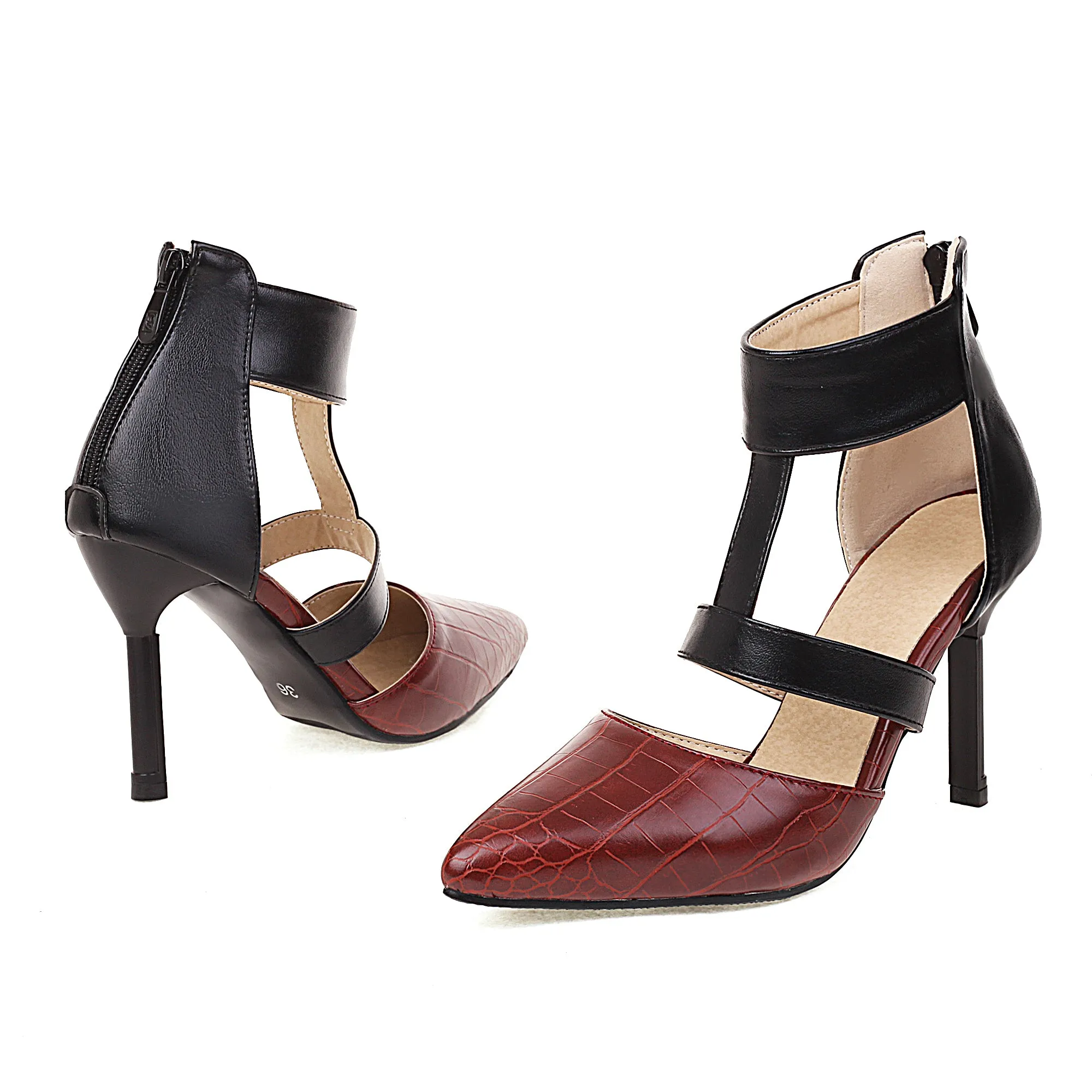 Bigsizeheels T Strap Pointed Toe Stiletto Heels Sandals - Burgundy