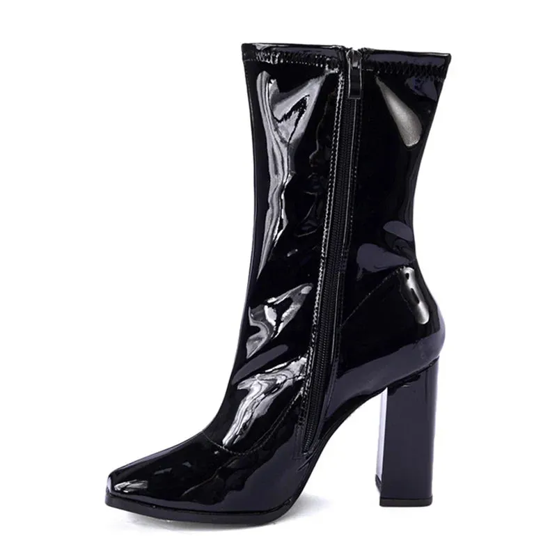 binfenxie  -  Autumn Winter Black Patent Leather Boots For Women Fashion Square Toe Zip High Heels Party Shoes Chelsea Ankle Booties