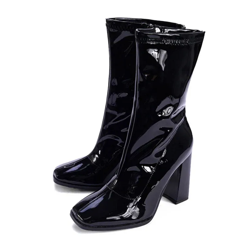 binfenxie  -  Autumn Winter Black Patent Leather Boots For Women Fashion Square Toe Zip High Heels Party Shoes Chelsea Ankle Booties