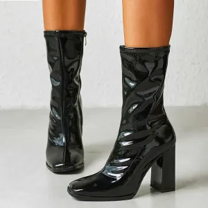 binfenxie  -  Autumn Winter Black Patent Leather Boots For Women Fashion Square Toe Zip High Heels Party Shoes Chelsea Ankle Booties