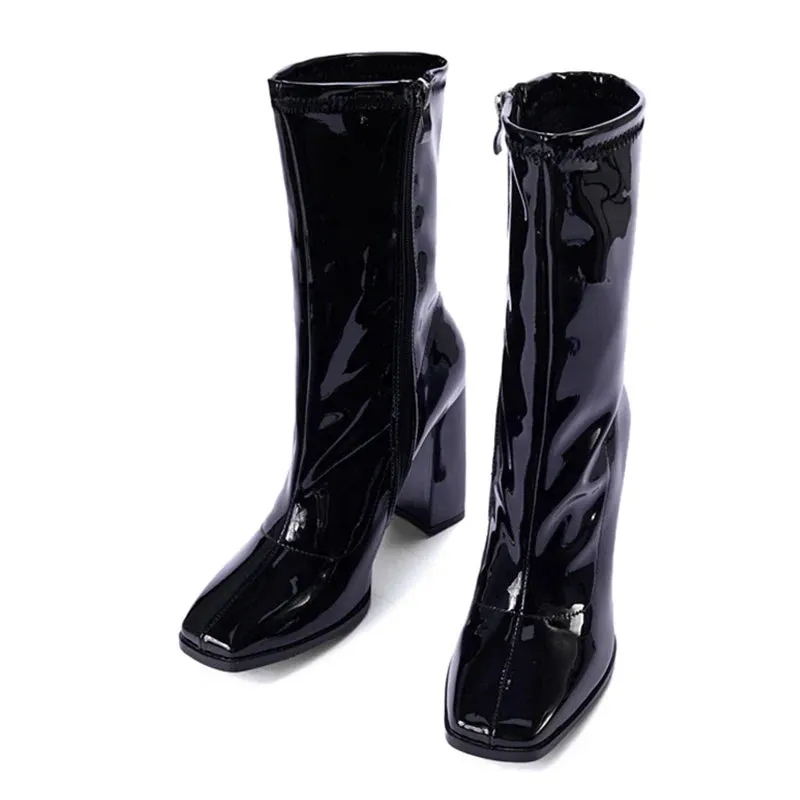 binfenxie  -  Autumn Winter Black Patent Leather Boots For Women Fashion Square Toe Zip High Heels Party Shoes Chelsea Ankle Booties
