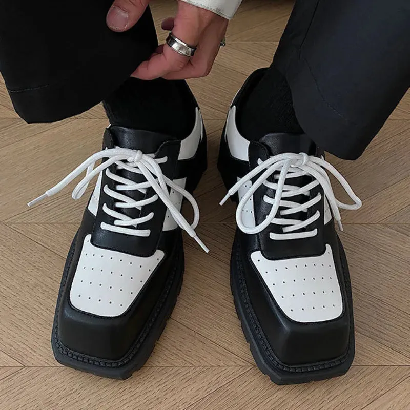 binfenxie  -   Breathable Men's Shoe Patchwork Square Head Korean New Fashion Male Casual PU Leather Derby Shoes Lace-up Autumn C1516