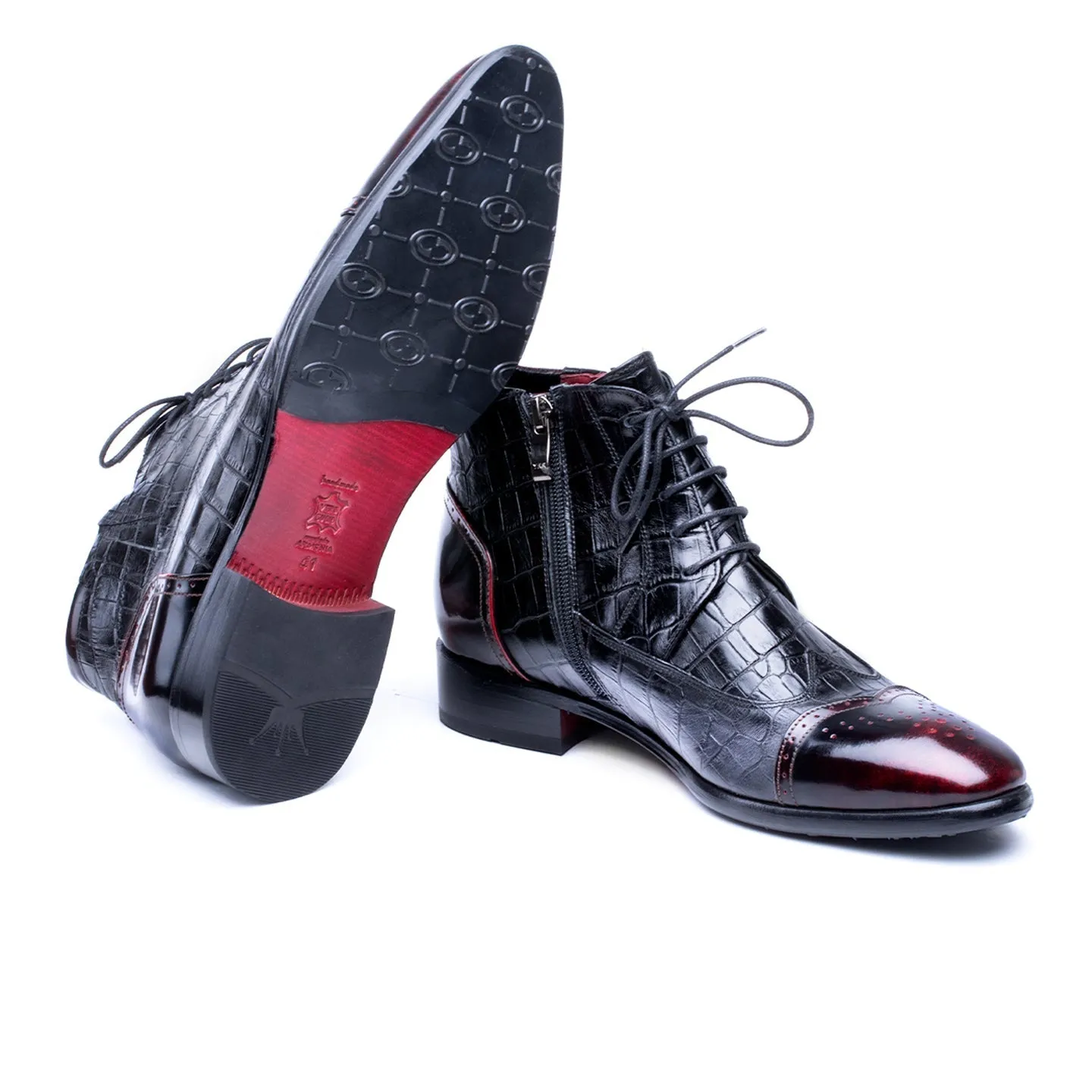 Black and Burgundy Embossed Leather Brogue Boots