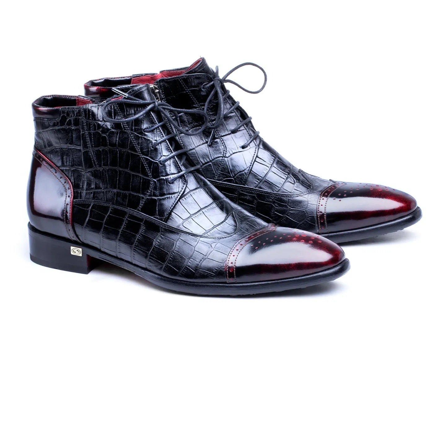 Black and Burgundy Embossed Leather Brogue Boots