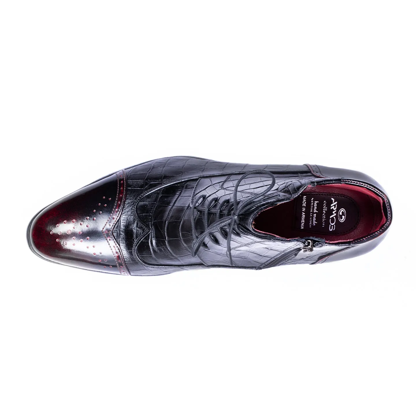 Black and Burgundy Embossed Leather Brogue Boots