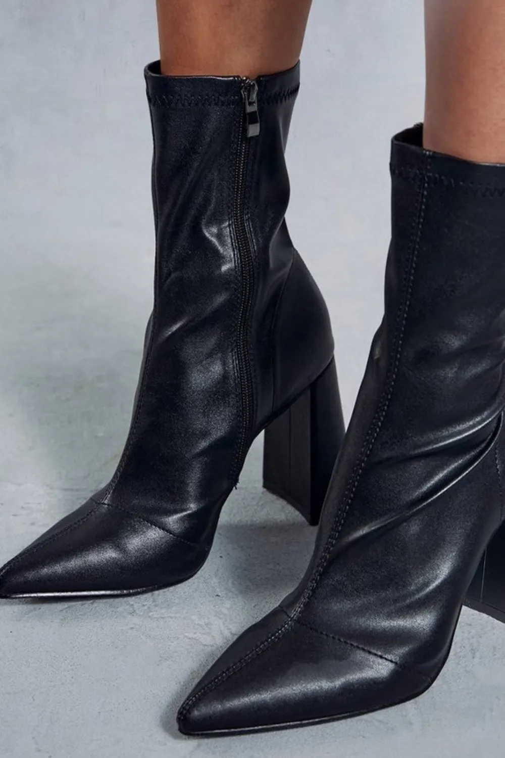 Black Block Heel Ankle High Boots With Pointed Toe & Side Zip