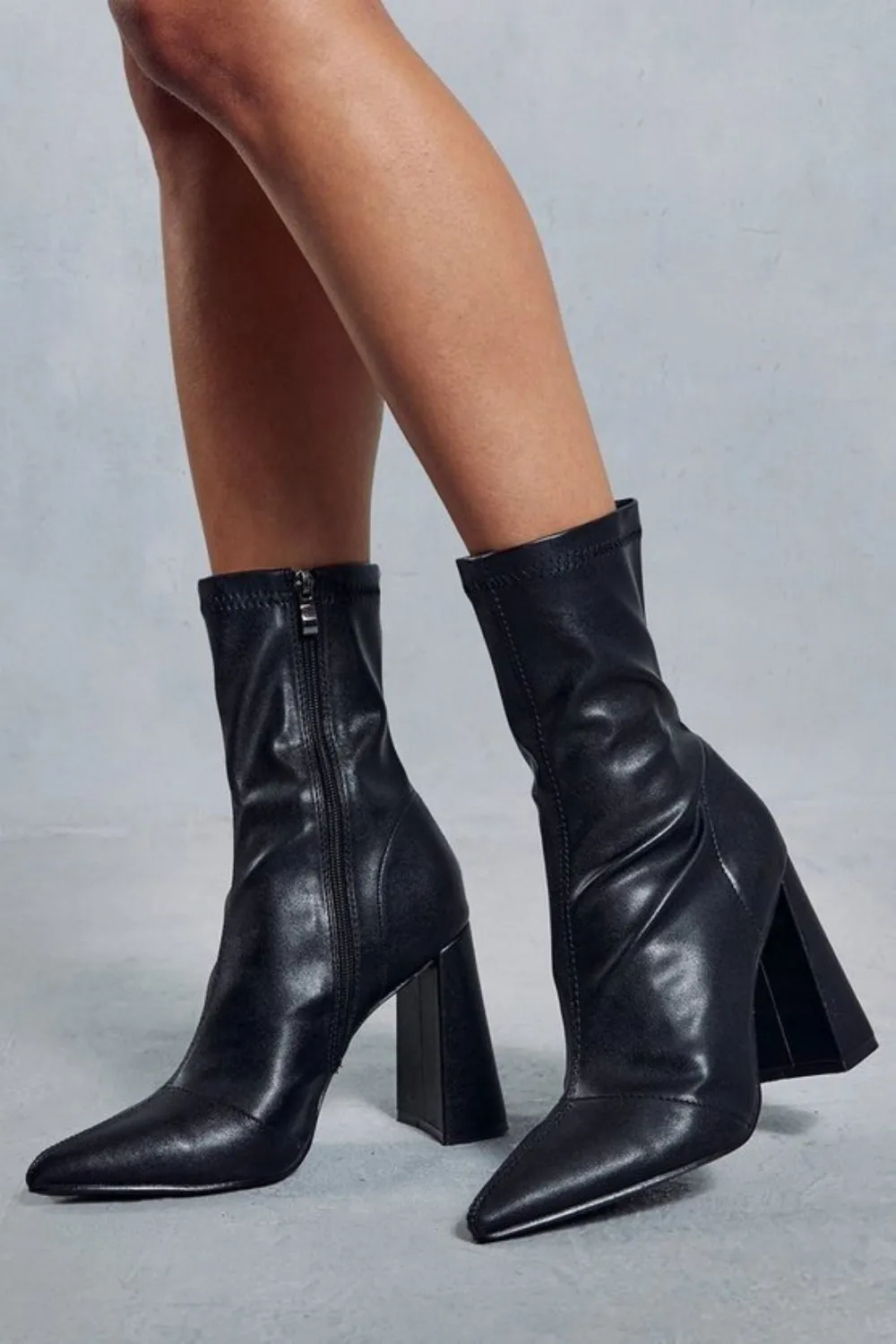Black Block Heel Ankle High Boots With Pointed Toe & Side Zip