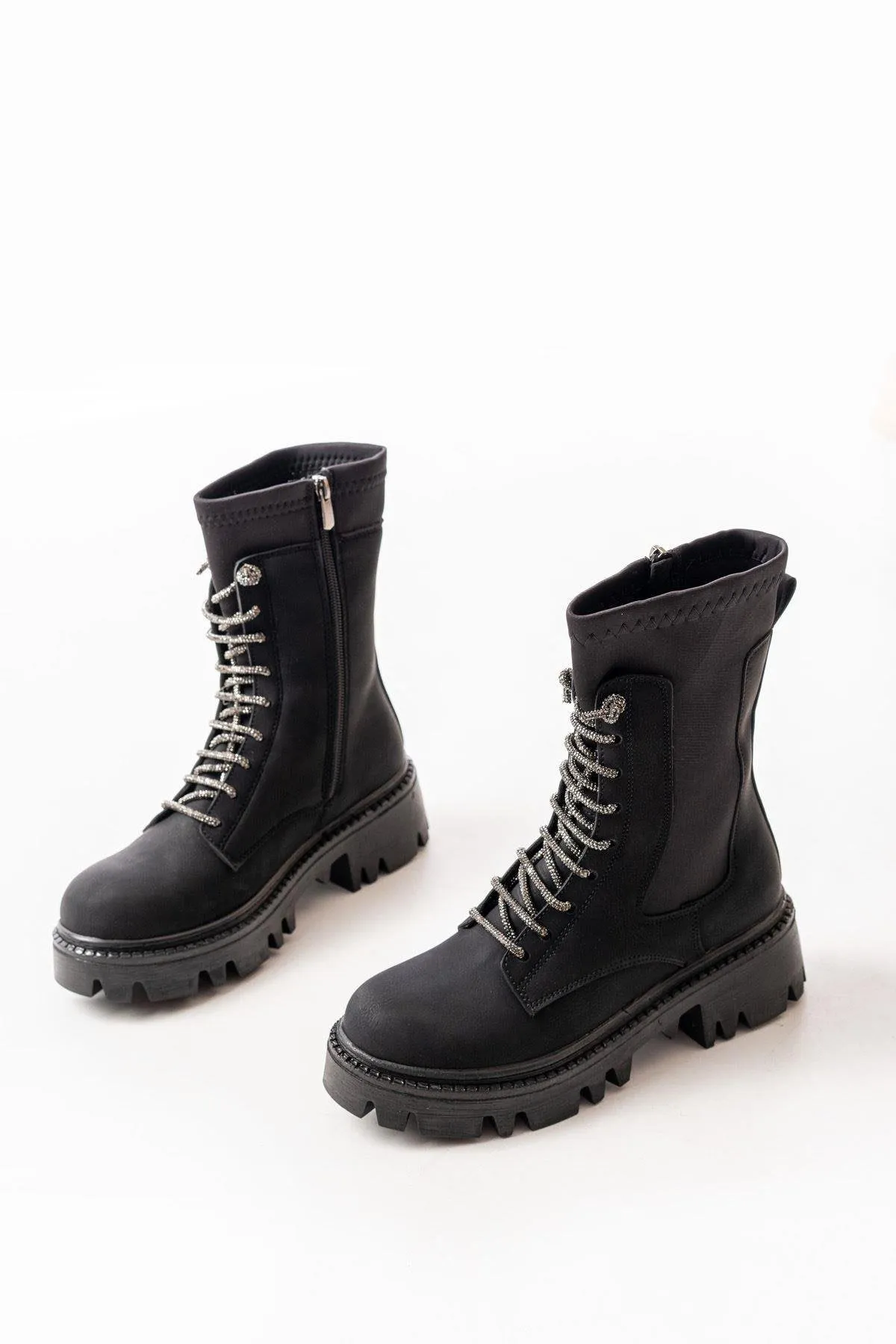 Black Emerald Flat Heeled Lace Up Zippered Daily Women's Boots