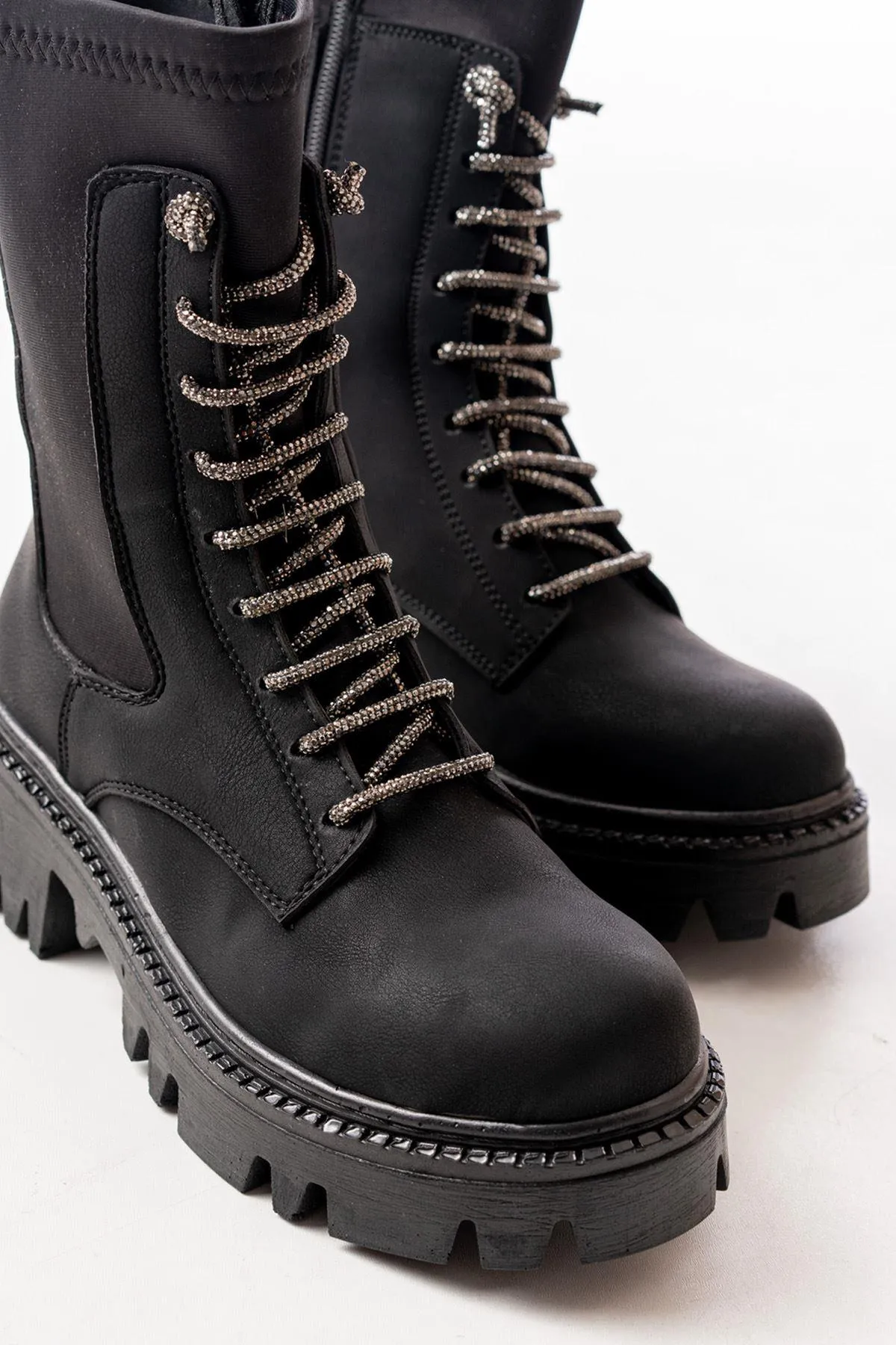 Black Emerald Flat Heeled Lace Up Zippered Daily Women's Boots