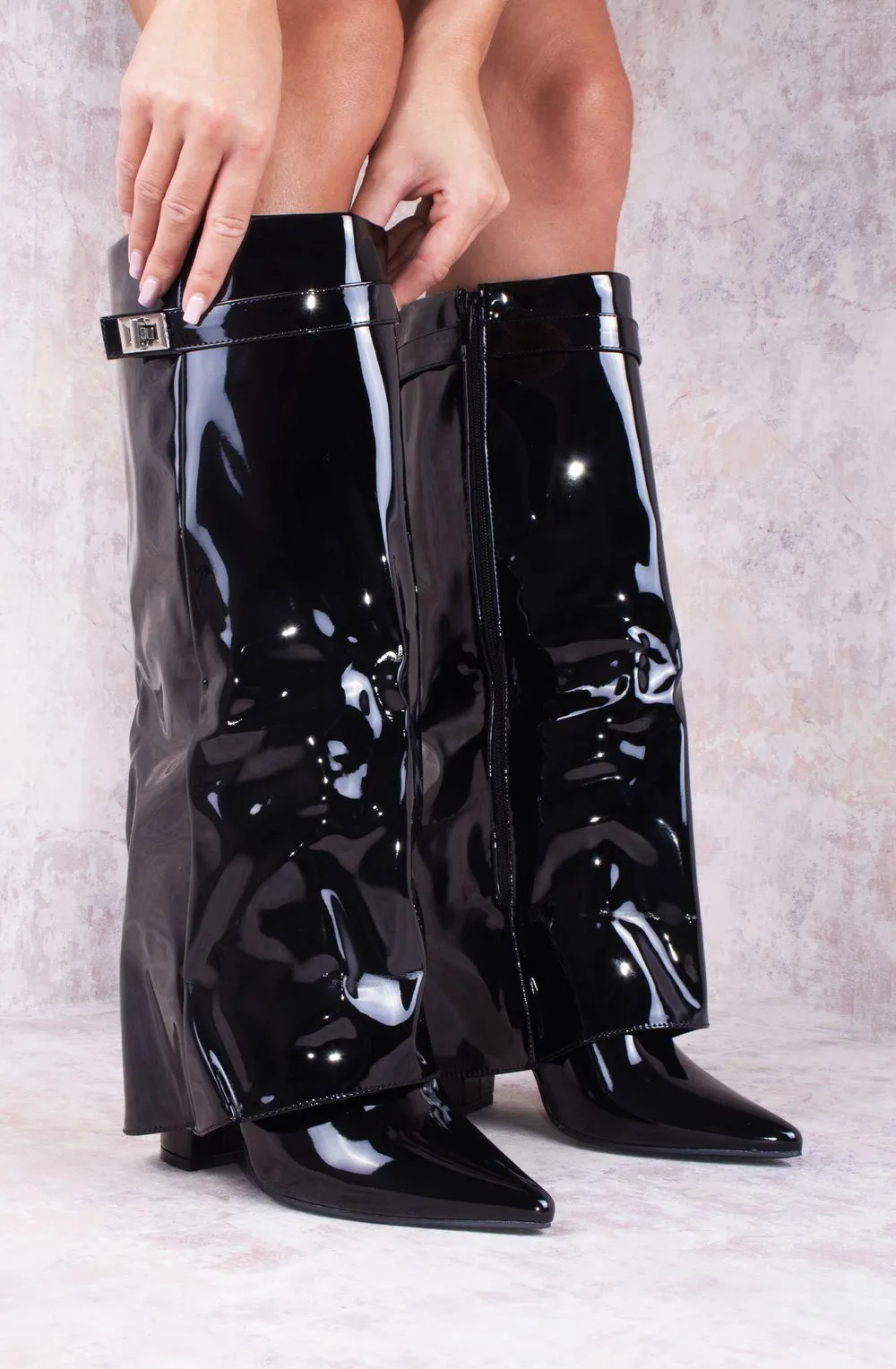 Black Patent Leather Fold Over Shark Classic Lock Buckle Boot