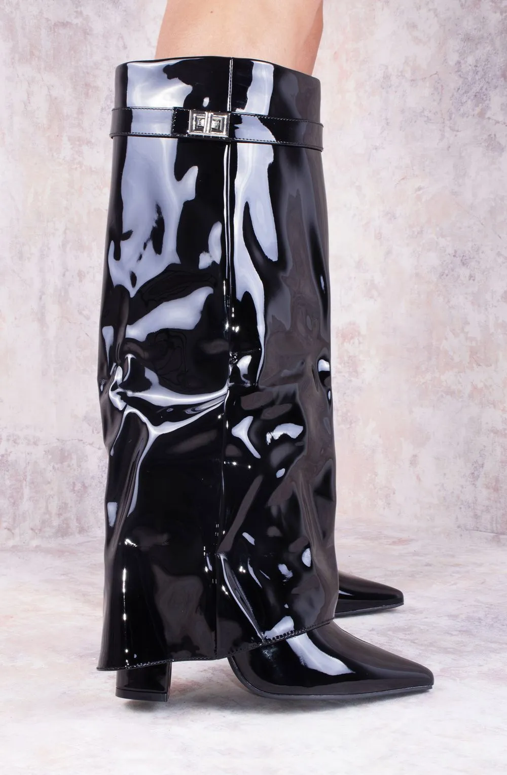 Black Patent Leather Fold Over Shark Classic Lock Buckle Boot