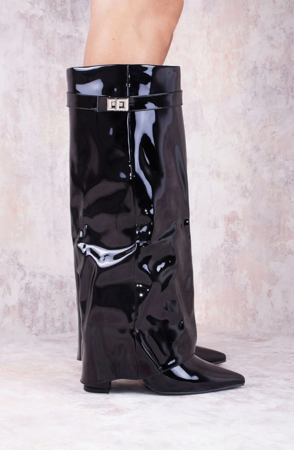 Black Patent Leather Fold Over Shark Classic Lock Buckle Boot