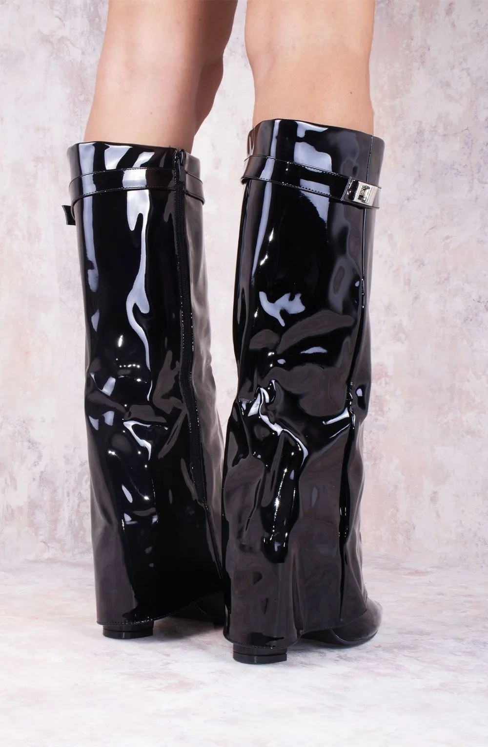 Black Patent Leather Fold Over Shark Classic Lock Buckle Boot