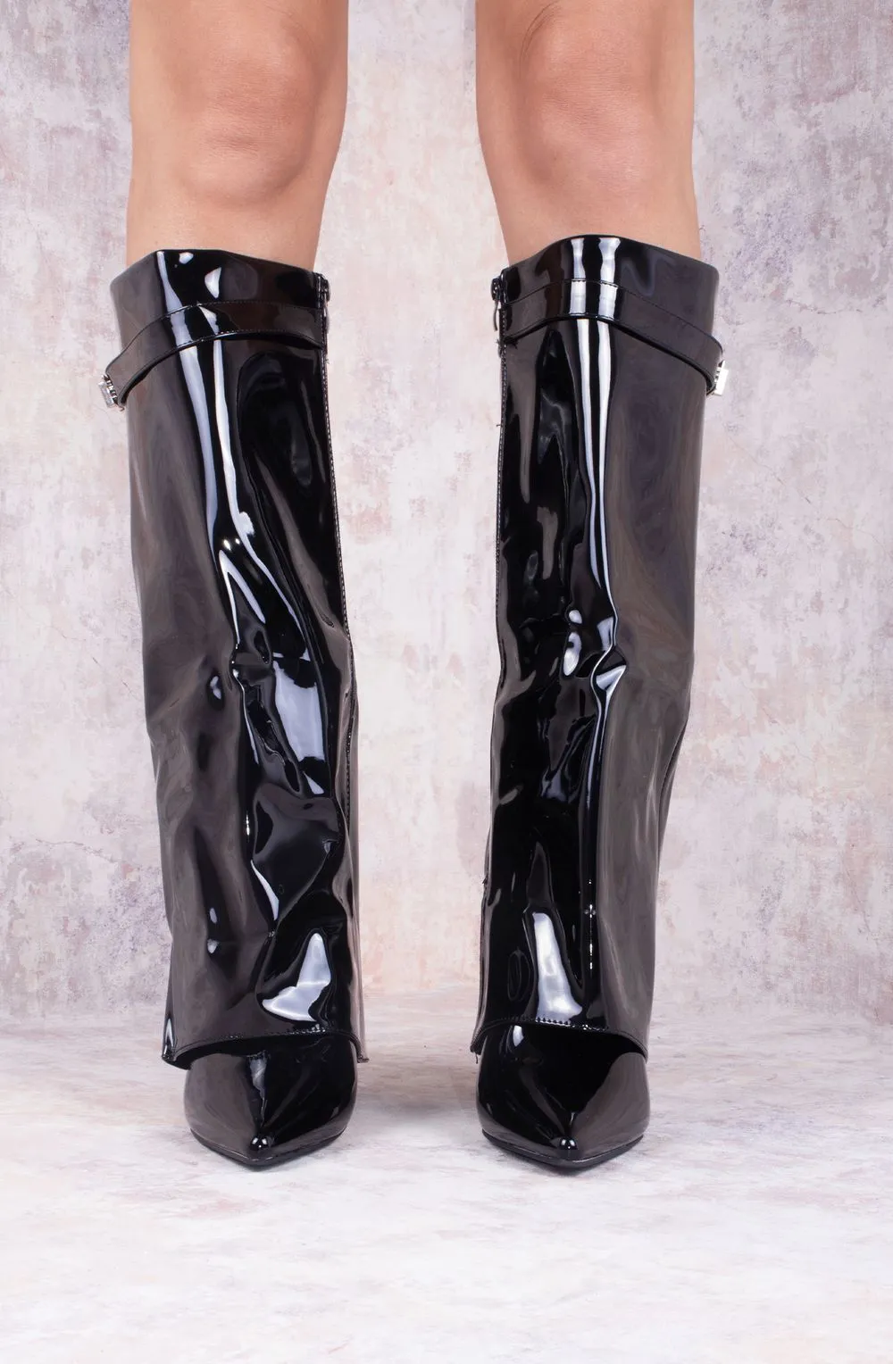 Black Patent Leather Fold Over Shark Classic Lock Buckle Boot
