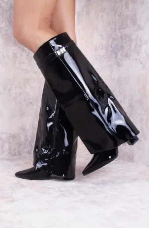 Black Patent Leather Fold Over Shark Classic Lock Buckle Boot