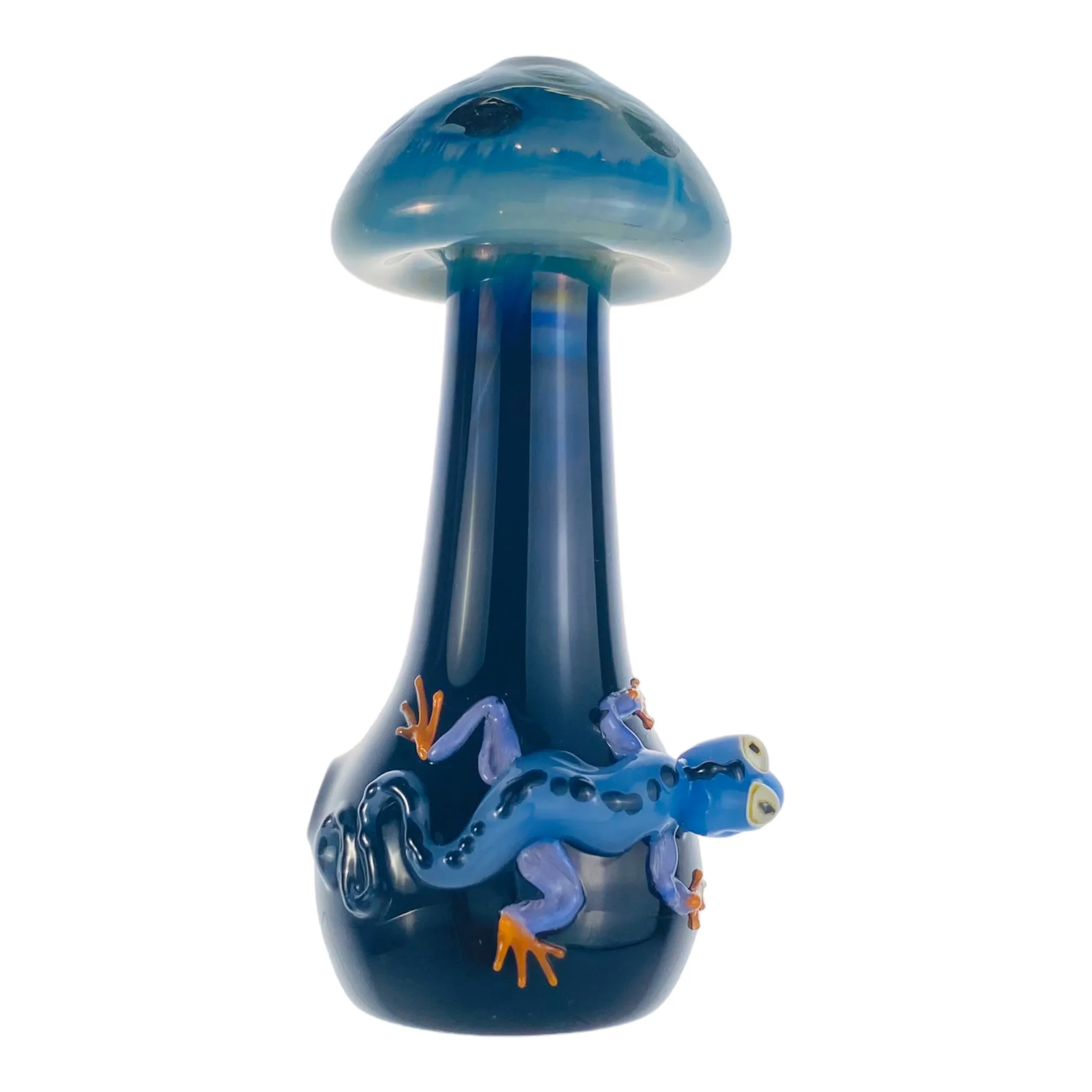 Blue Mushroom Shaped Glass Hand Pipe With Blue Gecko On Side