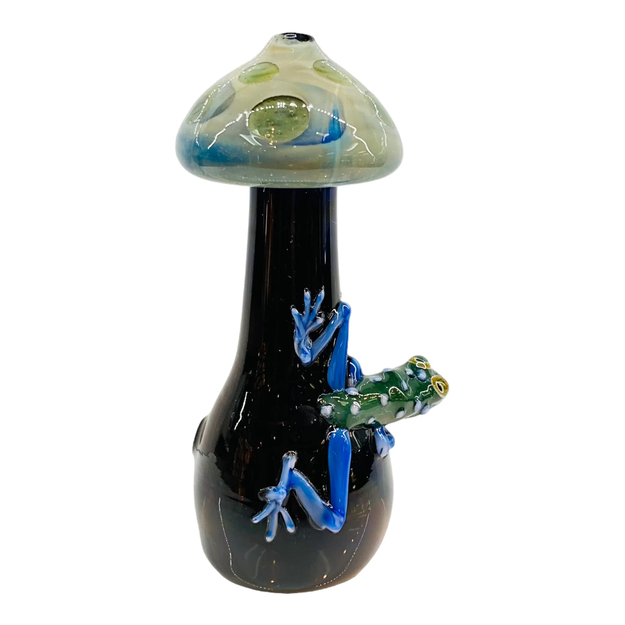 Blue Mushroom Shaped Glass Hand Pipe With Blue Gecko On Side