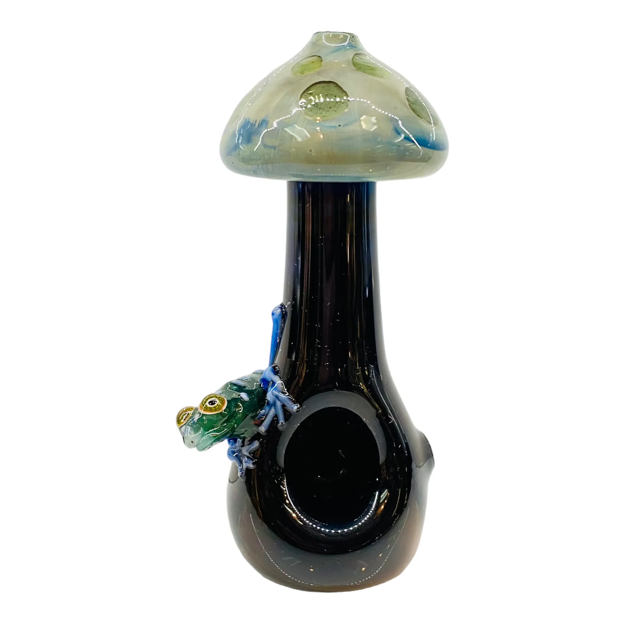Blue Mushroom Shaped Glass Hand Pipe With Blue Gecko On Side