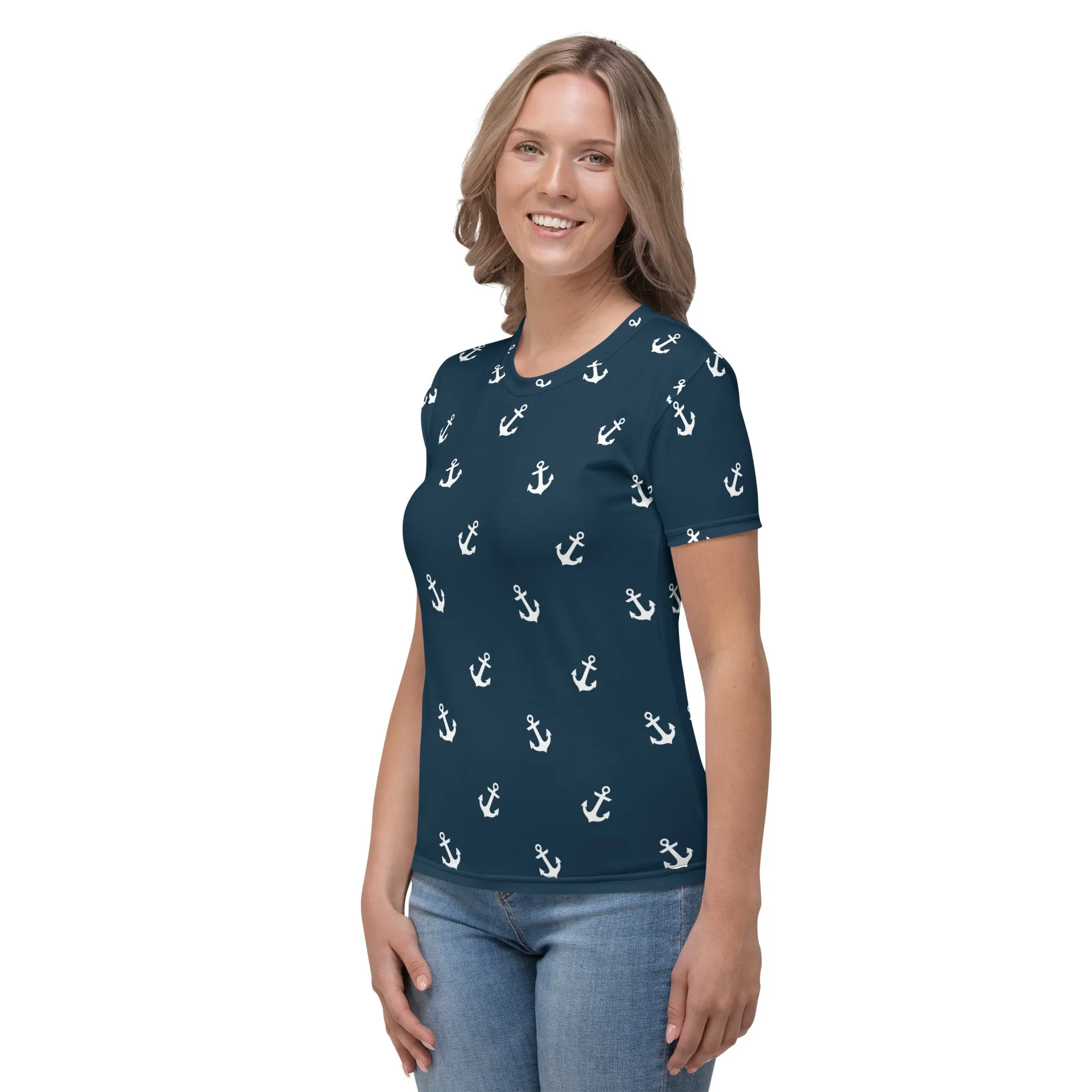 Blue Nautical Print Women's T-shirt, Matching shoes are available