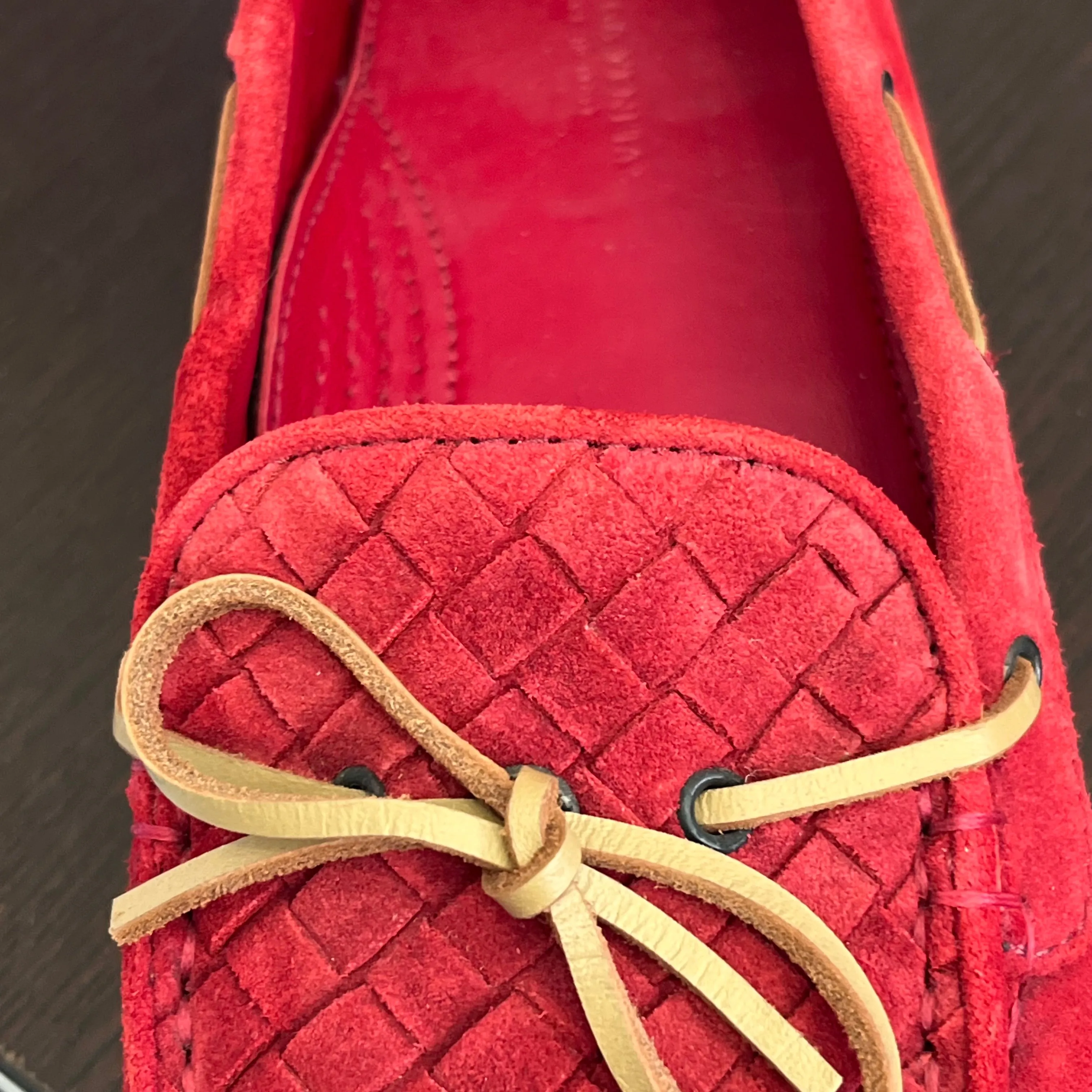 Bottega Veneta Red Intrecciato Suede Bow Slip On Loafers | Pre Loved |