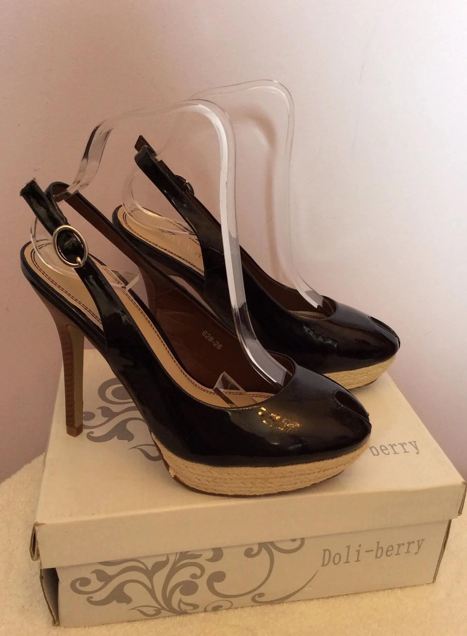 Brand New Doli-Berry Black Patent Peeptoe Slingback Heels Size 4/37