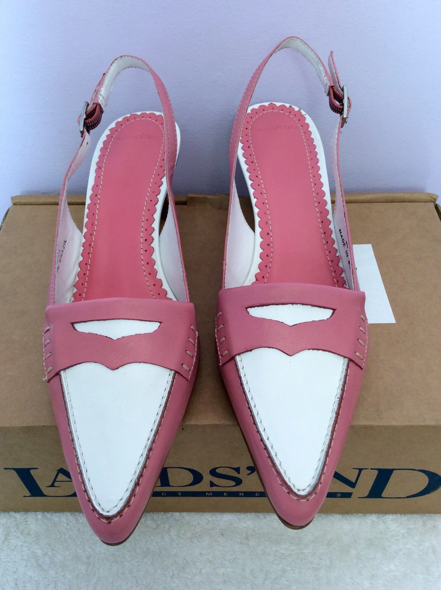 Brand New Landsend Pink & White Leather Slingback Heels Size 6/39