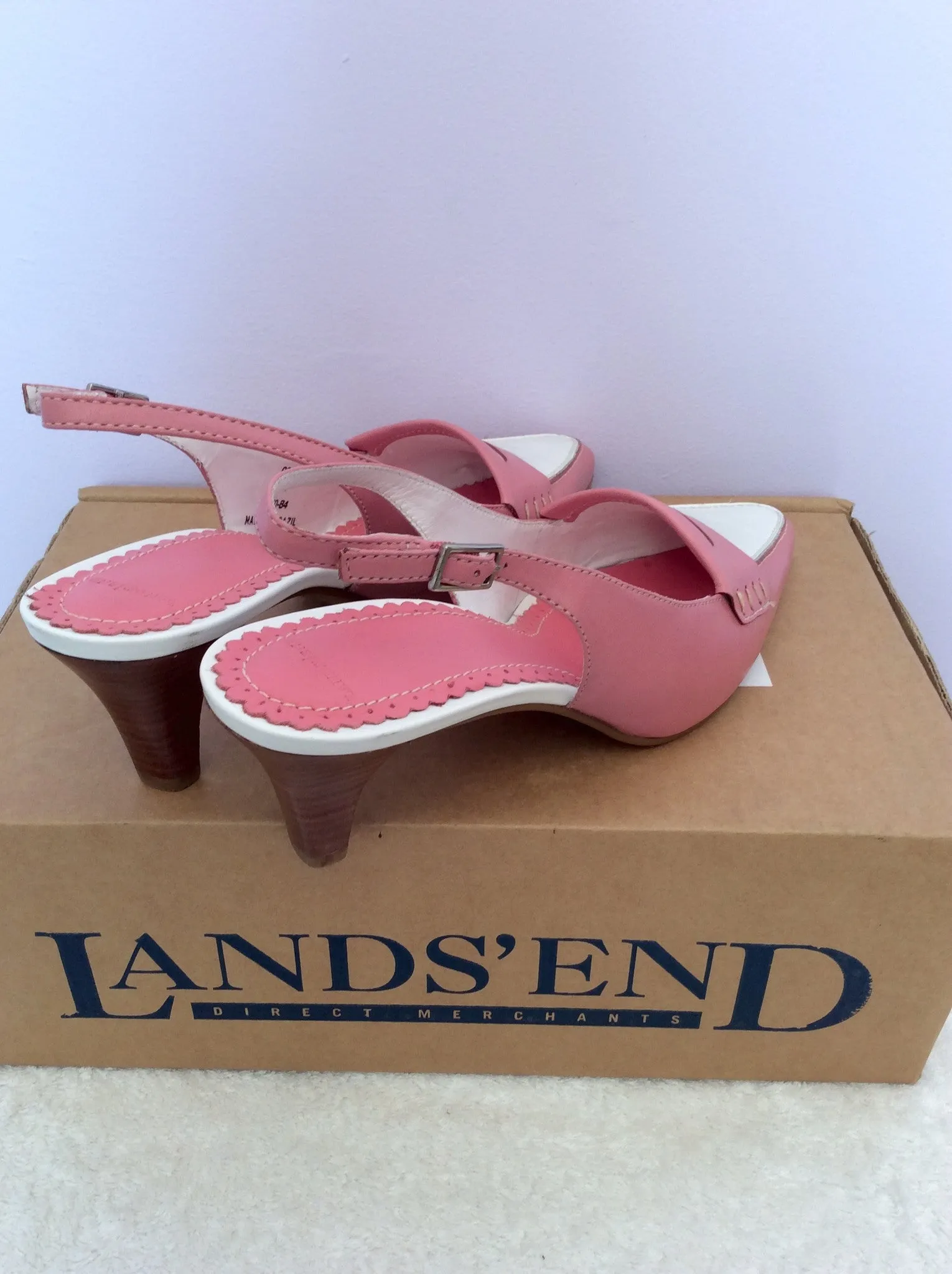 Brand New Landsend Pink & White Leather Slingback Heels Size 6/39