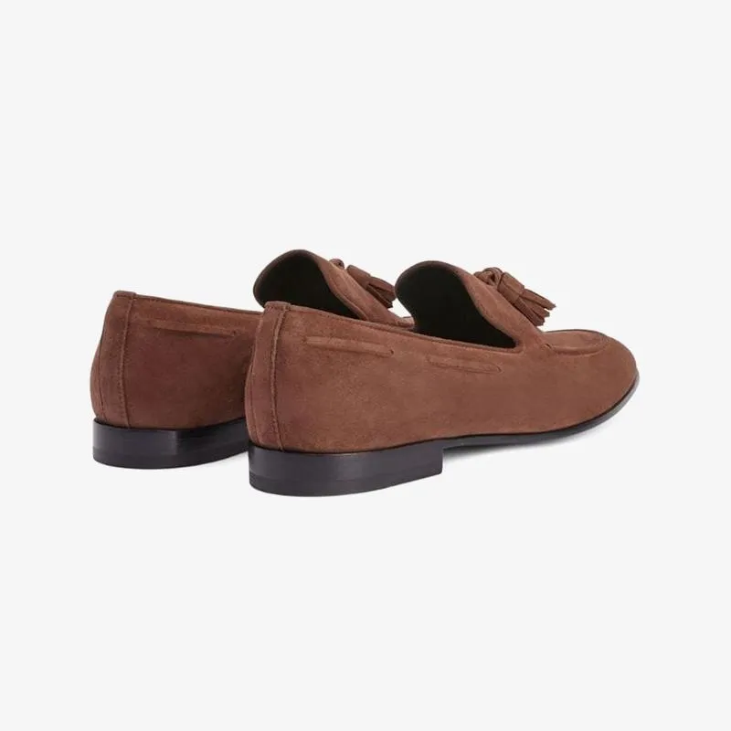 Brown Suede Tassel-Detail Loafers