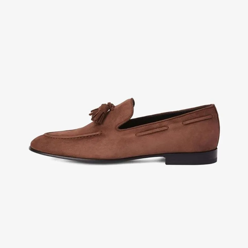 Brown Suede Tassel-Detail Loafers