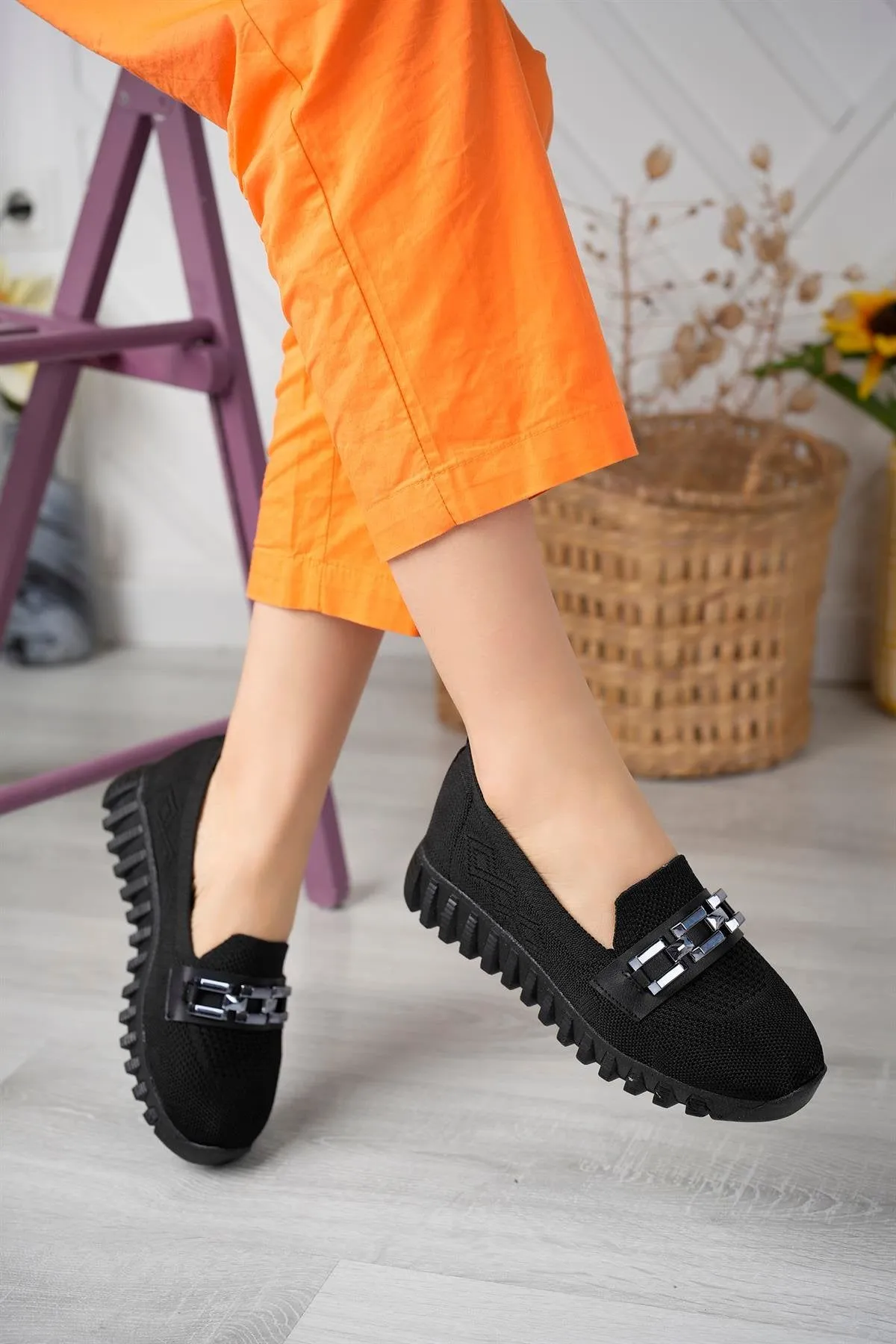 Buckled Thick Soled Knitted Ballerinas Black Textile