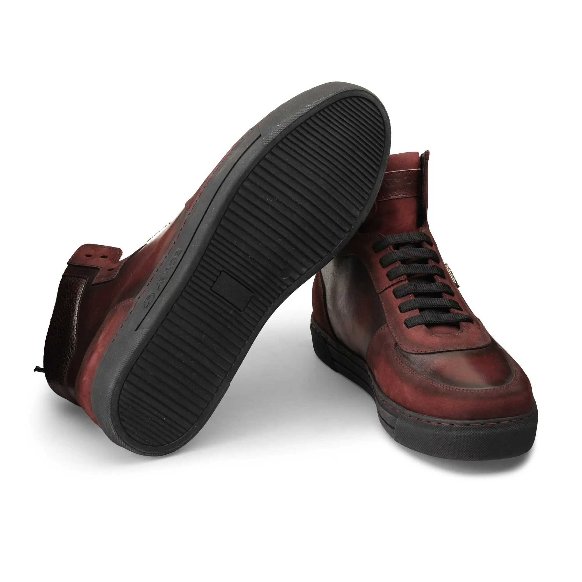Burgundy Patina-Effect Nubuck and Leather Boots