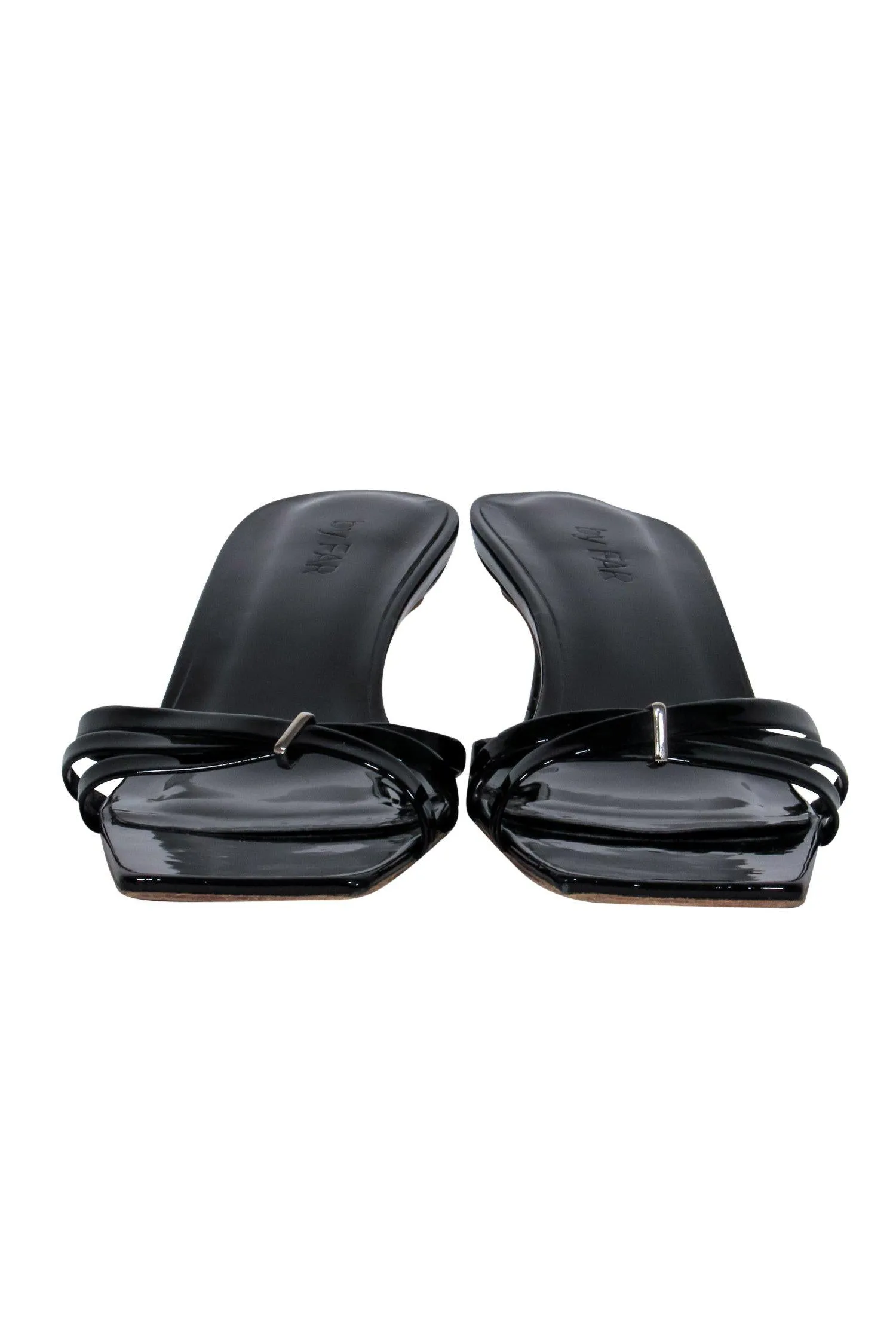 By Far - Black Patent Leather Square Toe Kitten Heel Sandals Sz 8