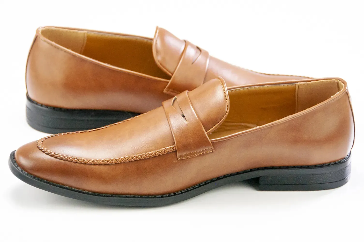 Camel Leather Slip-On Penny Loafers