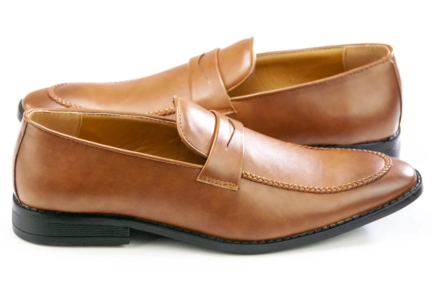 Camel Leather Slip-On Penny Loafers