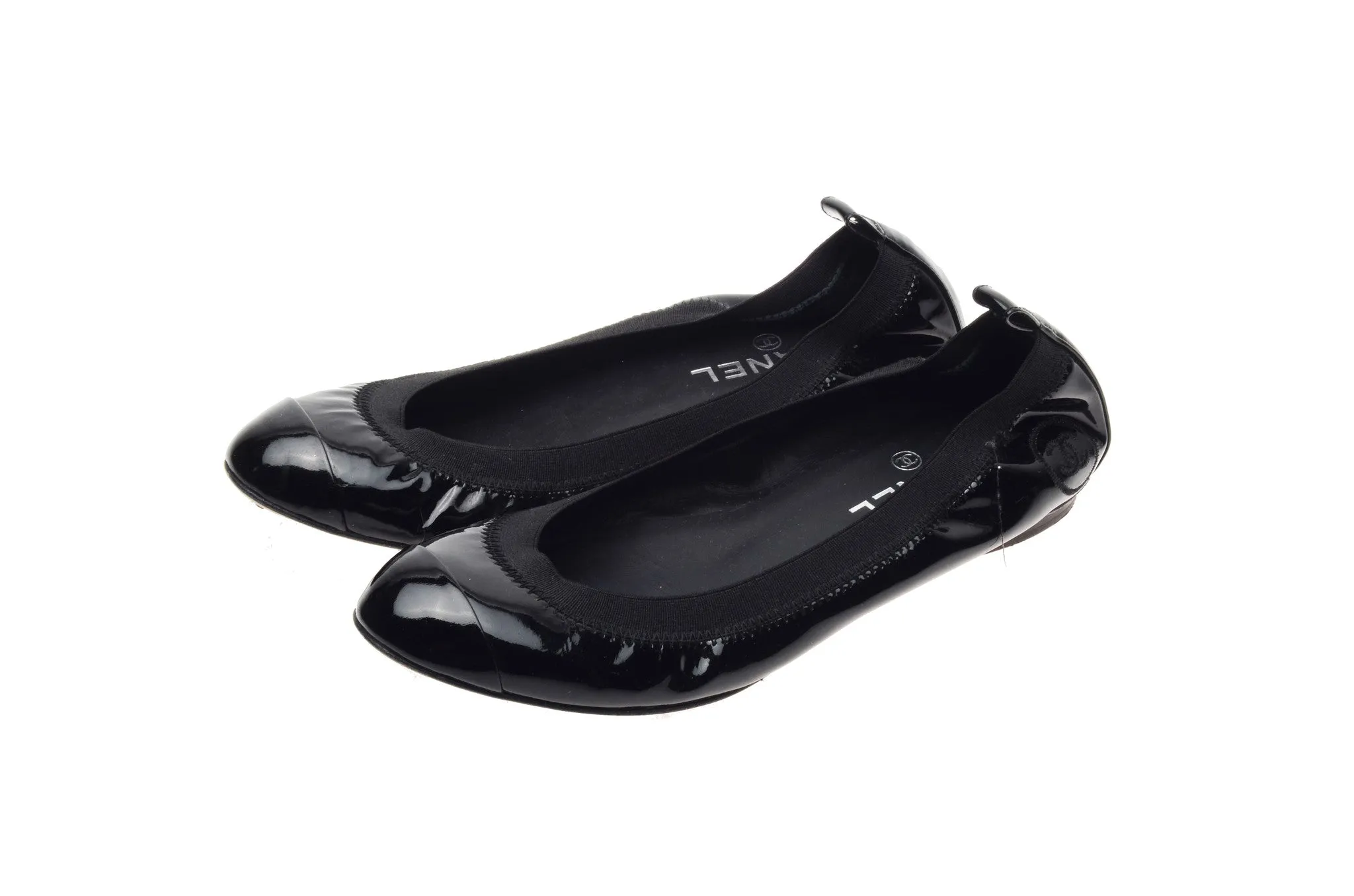 Chanel - Brand New in Box Patent Black Elastic Ballet Flats - IT 38 1/2