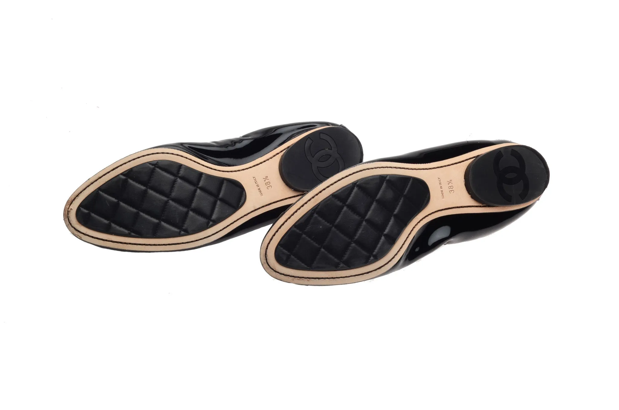 Chanel - Brand New in Box Patent Black Elastic Ballet Flats - IT 38 1/2