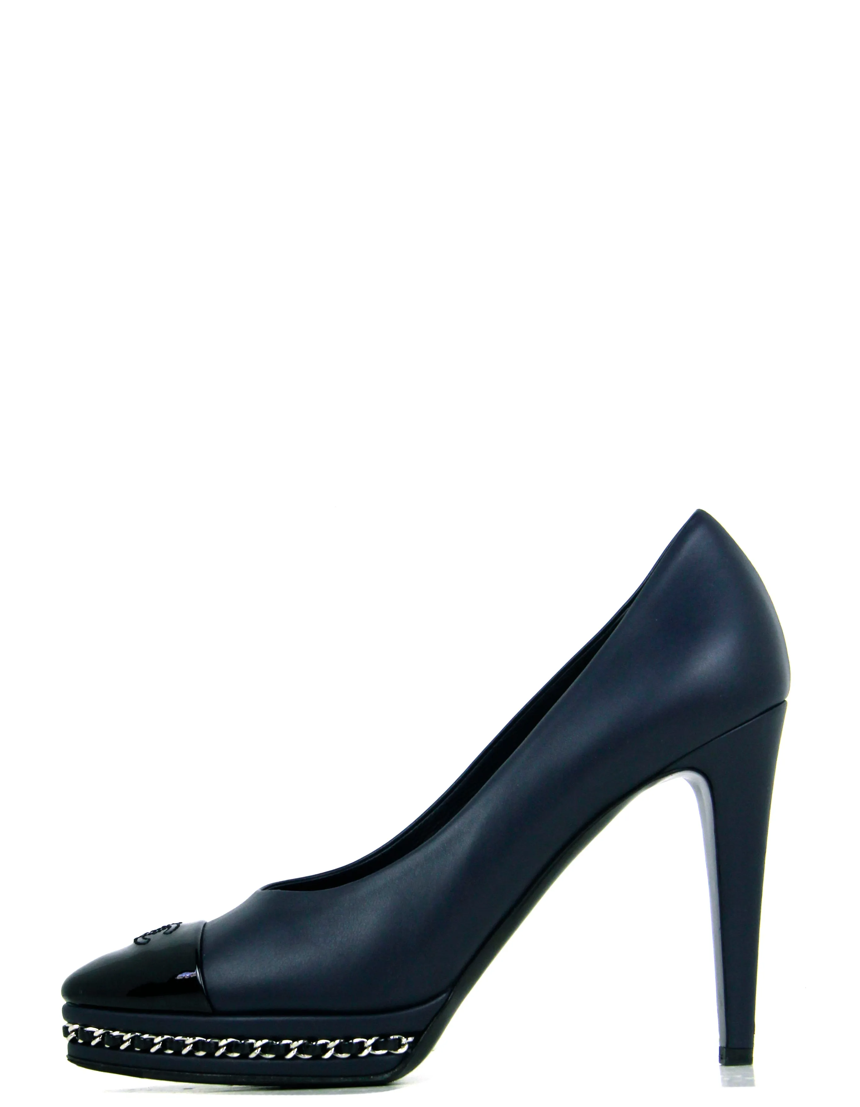 Chanel Calfskin Navy Patent CC Cap Toe Platform Chain Pumps sz 39.5