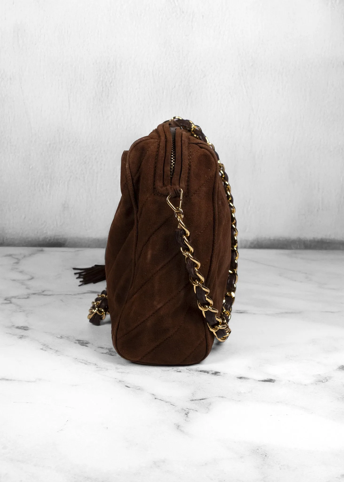 Chanel Suede Quilted Tassel Brown Camera Case