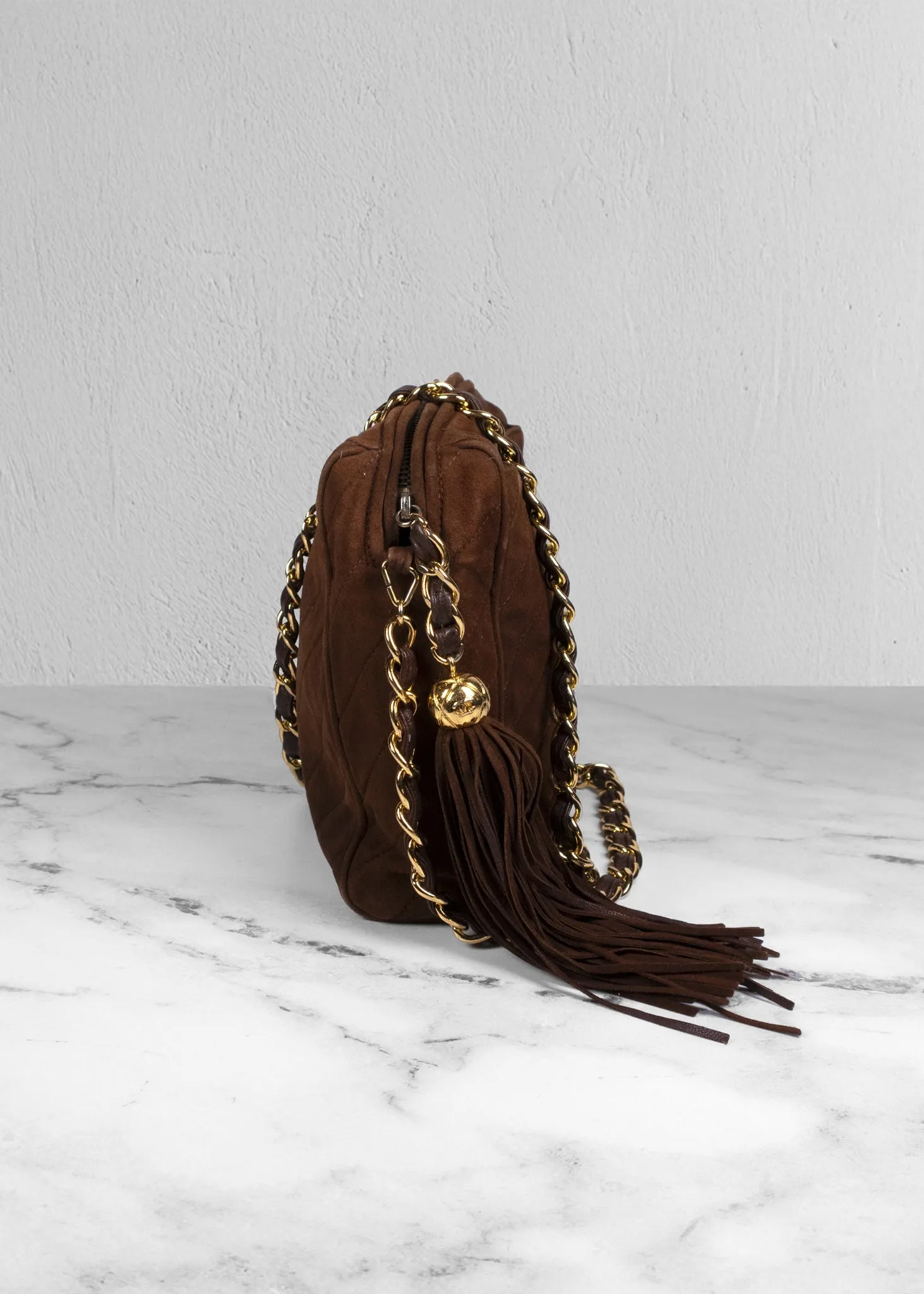 Chanel Suede Quilted Tassel Brown Camera Case