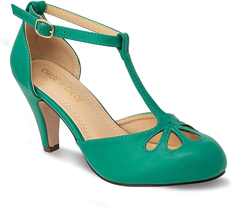 Chase & Chloe Kimmy-36 Women's Teardrop T-Strap Mid Heel Pumps, Dark Green (8, Dark Green)