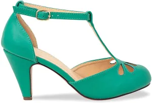 Chase & Chloe Kimmy-36 Women's Teardrop T-Strap Mid Heel Pumps, Dark Green (8, Dark Green)