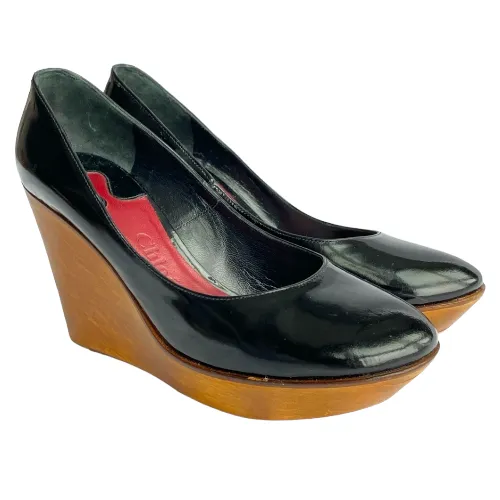 CHLOE Black Patent Leather Wooden Heel Wedge Pumps, Size 36