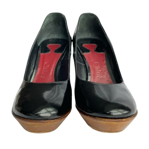 CHLOE Black Patent Leather Wooden Heel Wedge Pumps, Size 36