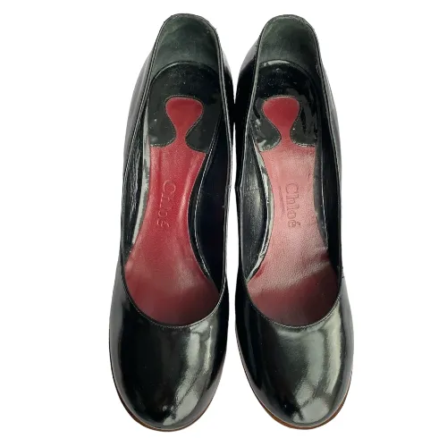 CHLOE Black Patent Leather Wooden Heel Wedge Pumps, Size 36