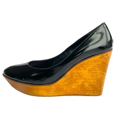 CHLOE Black Patent Leather Wooden Heel Wedge Pumps, Size 36