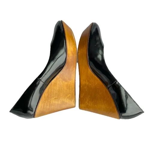 CHLOE Black Patent Leather Wooden Heel Wedge Pumps, Size 36