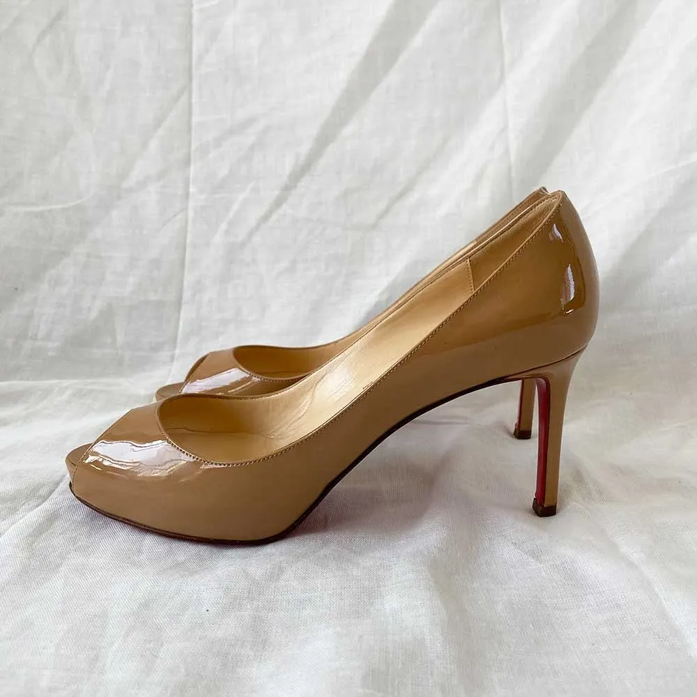 Christian Louboutin Nude Patent Leather Peep Toe Pumps, 37.5