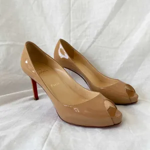 Christian Louboutin Nude Patent Leather Peep Toe Pumps, 37.5