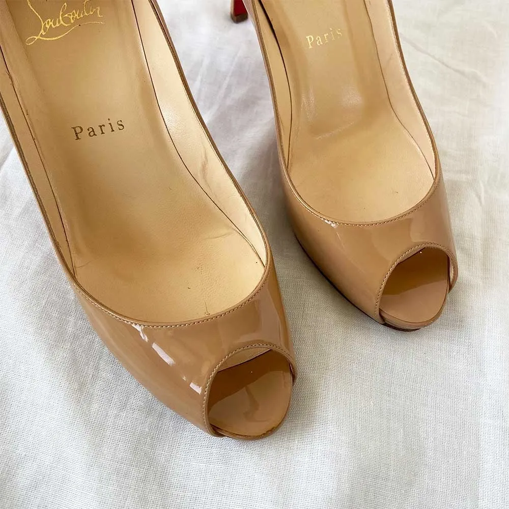 Christian Louboutin Nude Patent Leather Peep Toe Pumps, 37.5